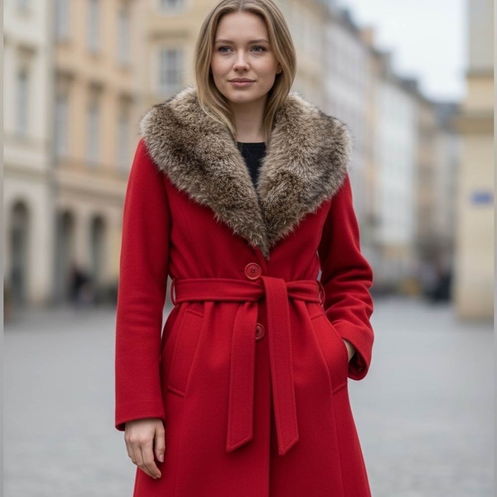 Unique Vintage Red Trench Coat with Fur Collar - Size Medium